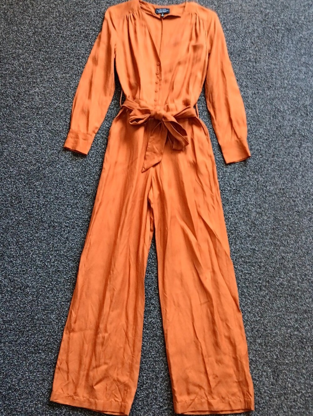 Linen Blend Wide Leg Autumn Orange Long Sleeve Tie Waist Jumpsuit Womens Size 2